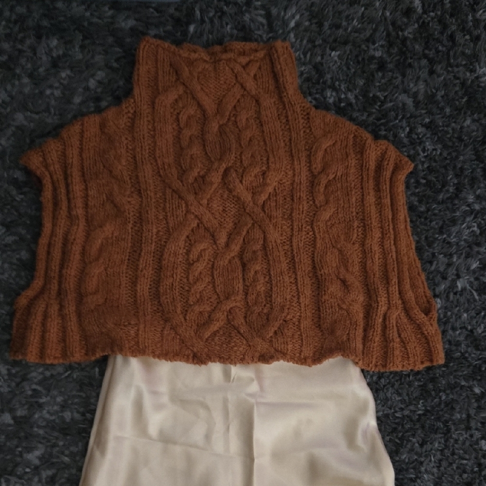 Free People Boxy Cable Knit Brown Sweater Vest And Satin Skirt Set